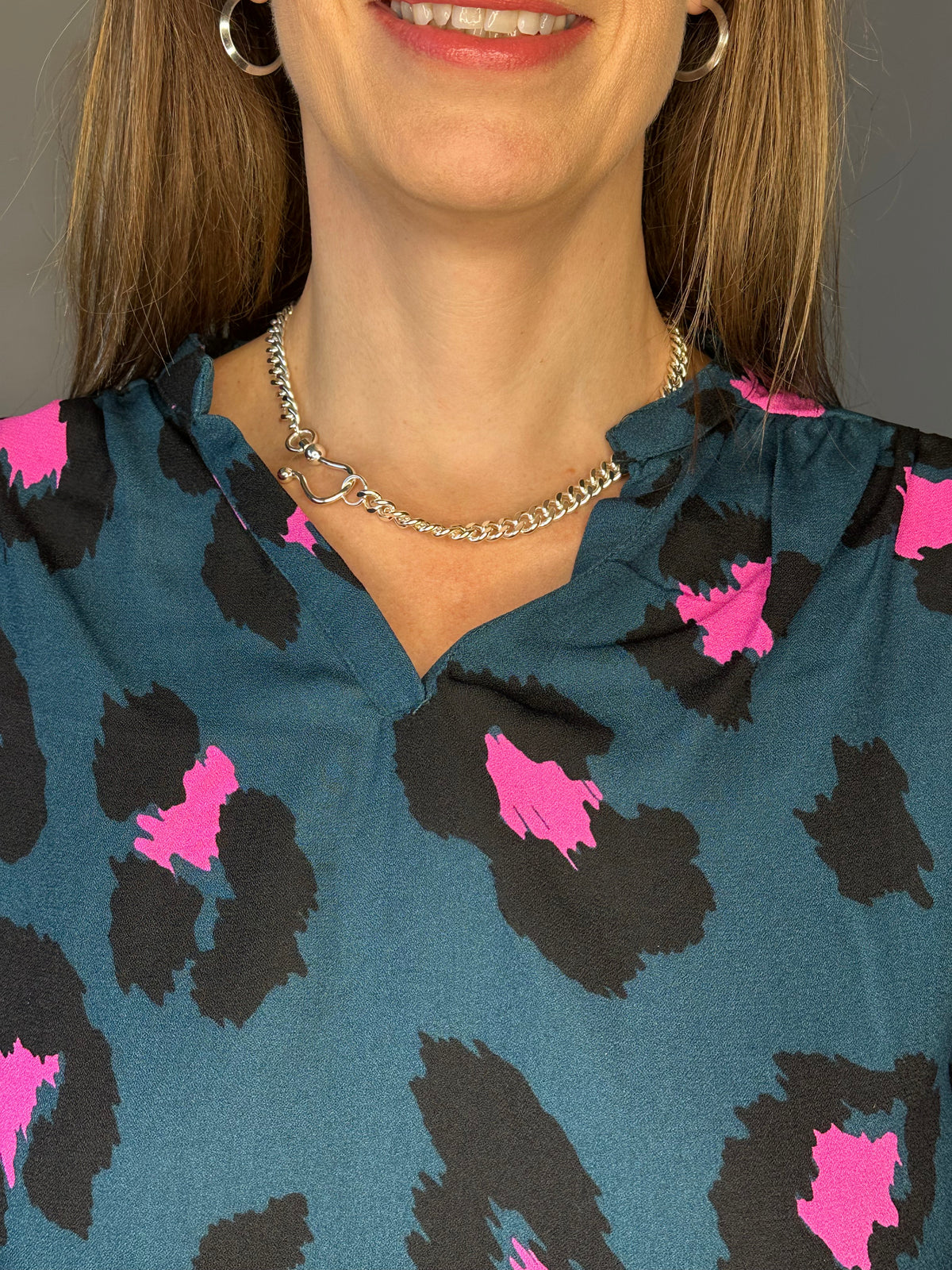 Leopard Print Split Neck Long Sleeve Blouse