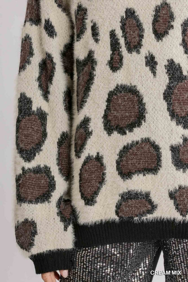 Cream Mix Animal Print Round Neck Pullover Sweater with Contrasted Ribbed Hem image 3