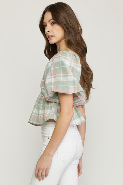 Sage plaid print v neck bubble sleeve peplum top image 2