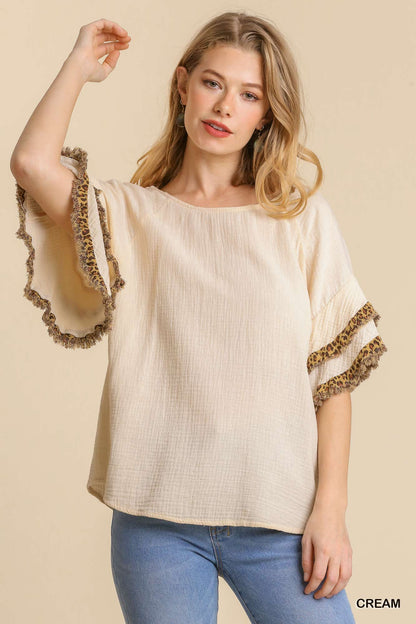 Gauze Layered Animal Print Ruffle Short Sleeve Round Neck Top with Frayed Hem image 0