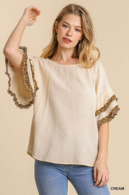 Gauze Layered Animal Print Ruffle Short Sleeve Round Neck Top with Frayed Hem image 0