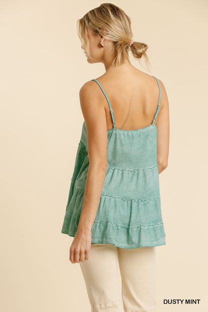 Garment Dye Adjustable Spaghetti Strap Ruffle Tiered Top image 2
