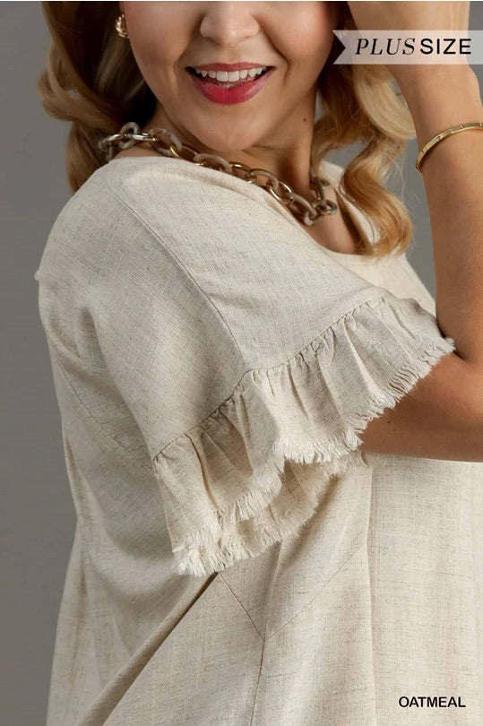 Oatmeal Color Linen Blend Round Neck Ruffle Sleeves Top image 4