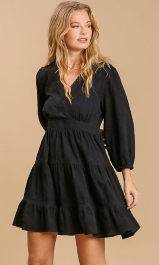 Black Eyelet Detail Tiered Dress 3/4 Sleeves with No Lining image 0