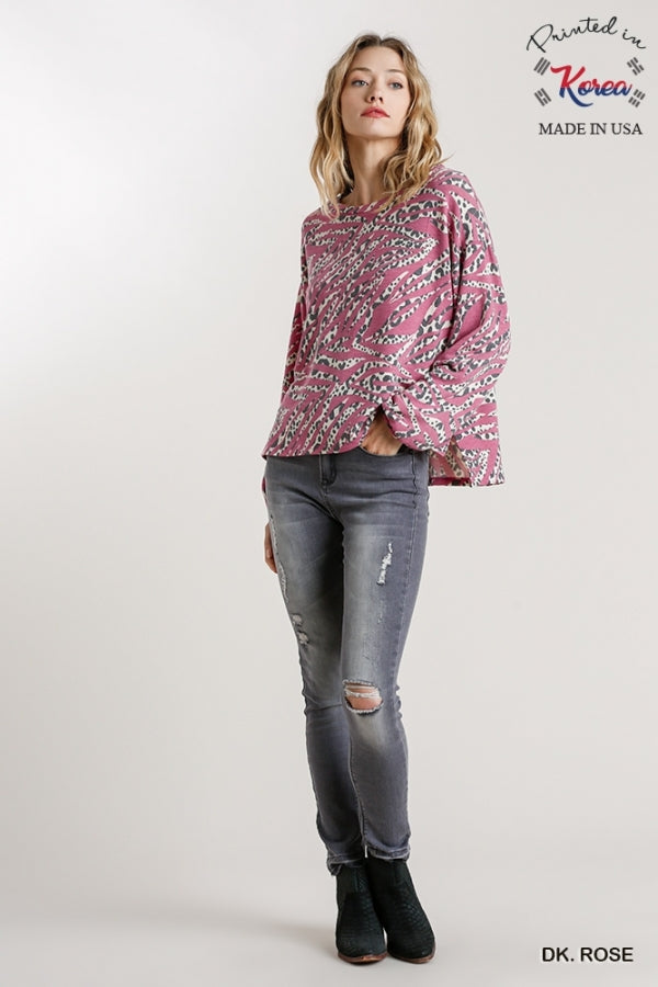 Dk Rose French Terry Animal Print Round Neck Long Sleeve Top with Side Slits image 3