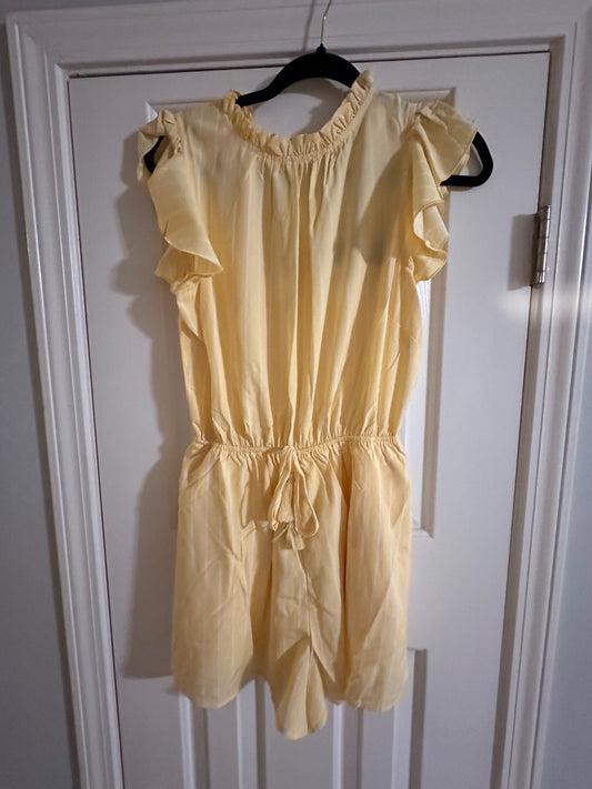 Yellow Ruffle Mock Neck Tassel Stripe Print Romper image 0