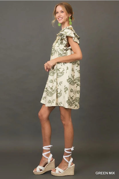 Green Paisley Print Tiered Mini Dress image 2