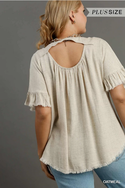 Oatmeal Color Linen Blend Round Neck Ruffle Sleeves Top image 5