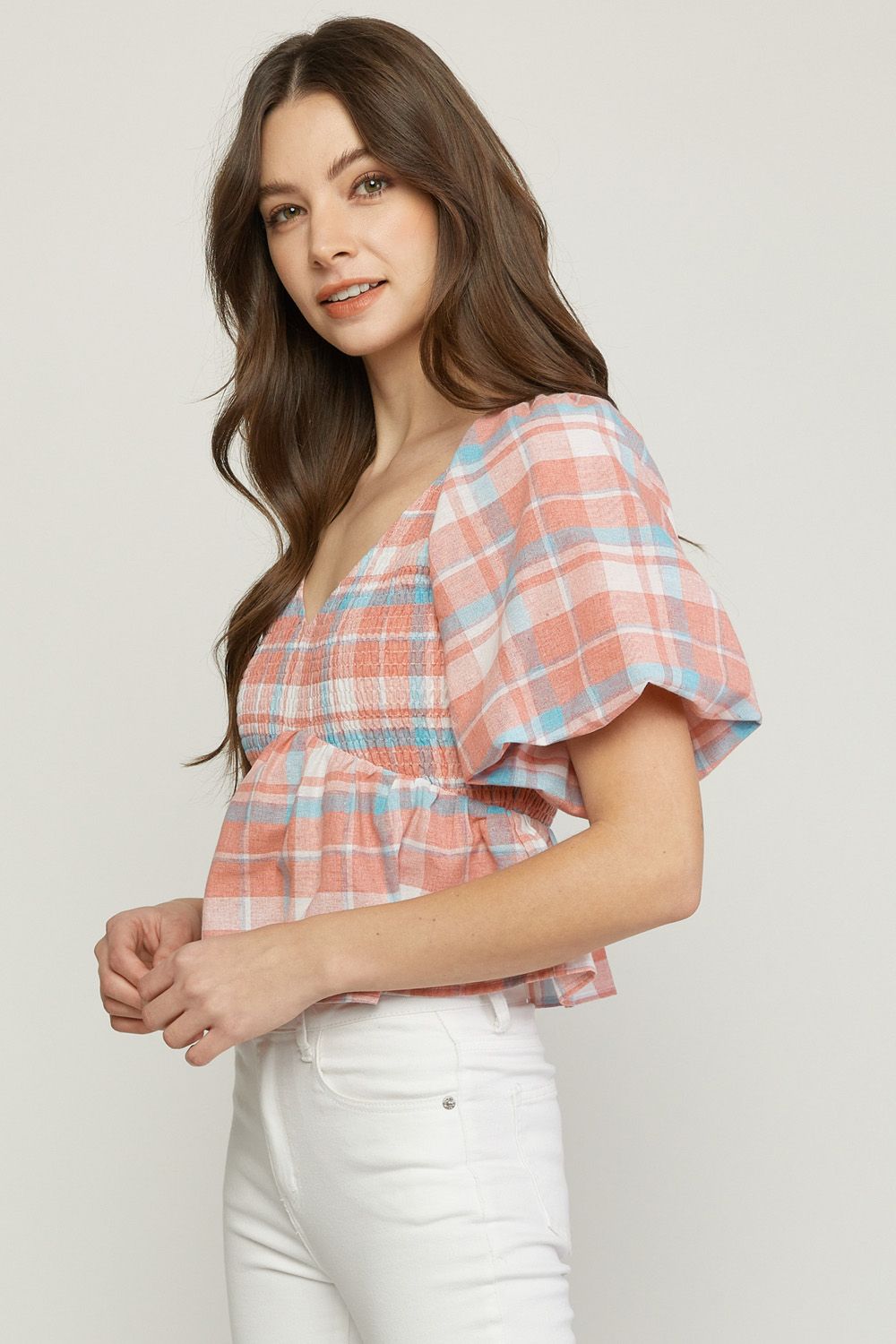Peach plaid print v neck bubble sleeve peplum top image 1