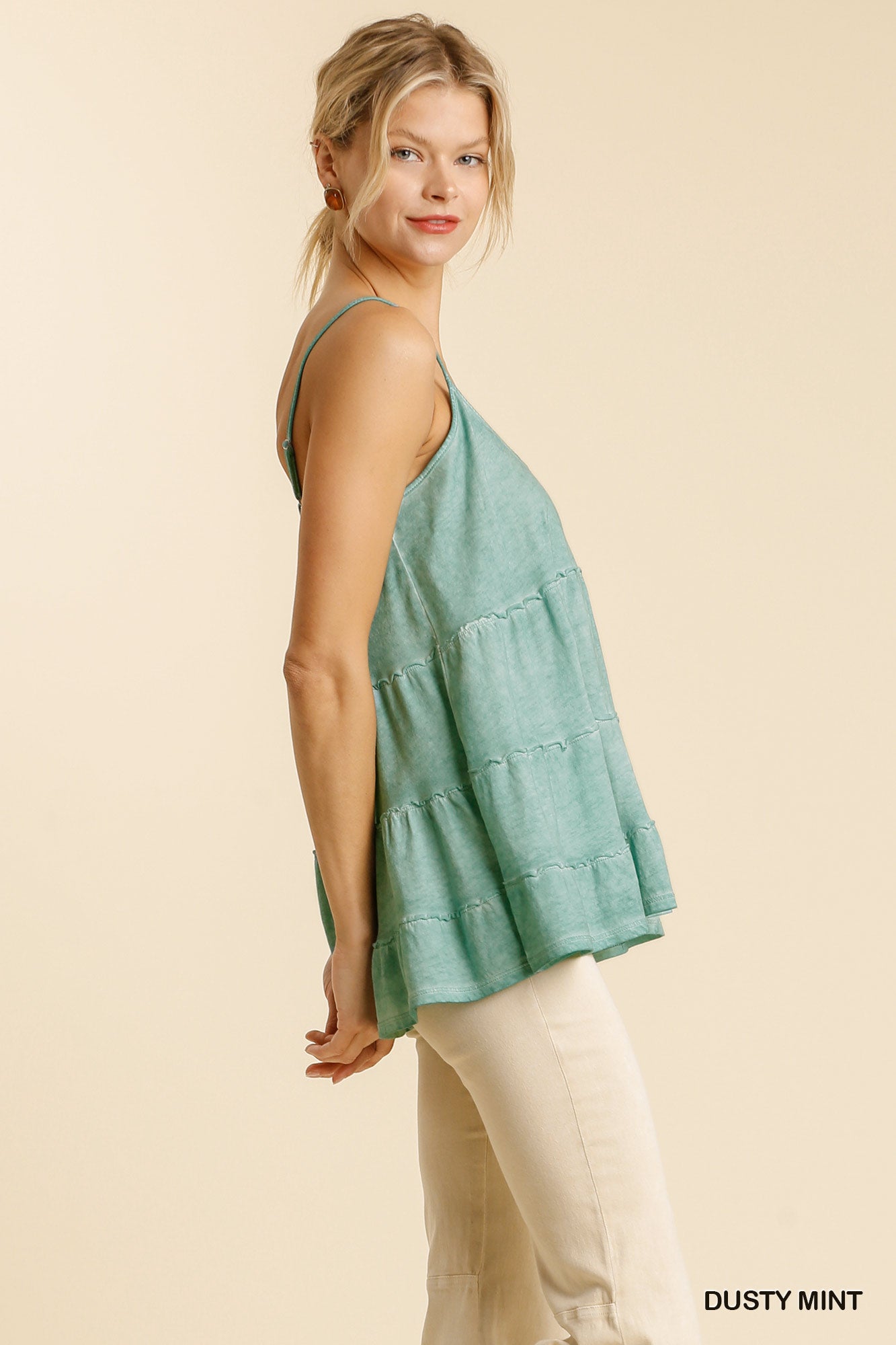 Garment Dye Adjustable Spaghetti Strap Ruffle Tiered Top image 1