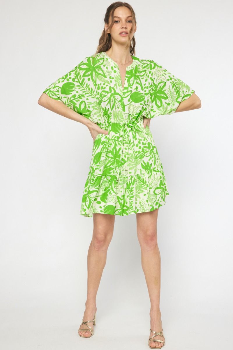 Green floral print v-neck 1/2 sleeve mini dress image 4