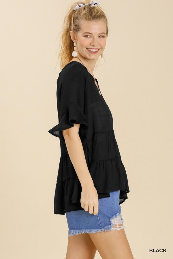 Mandarin Collar Split Neck Bell Ruffle Sleeve Tiered Top image 2