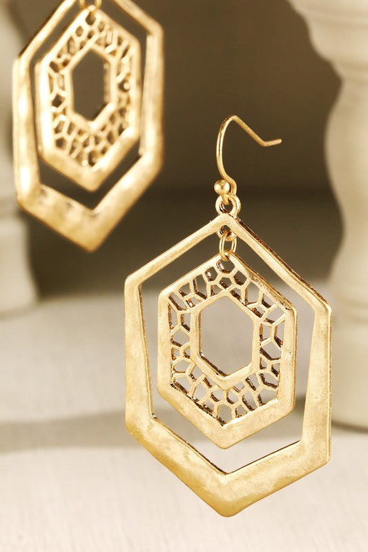 Gold hammered hexagon filigree earrings image 0