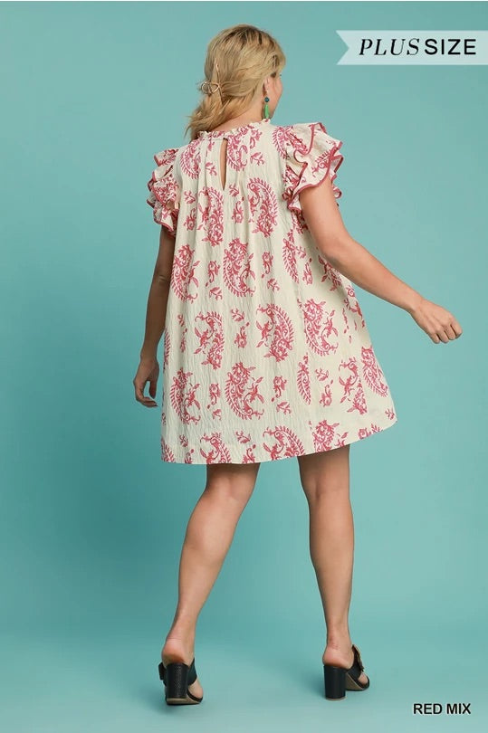 (W) Red Mix Paisley Print Tiered Mini Dress image 4