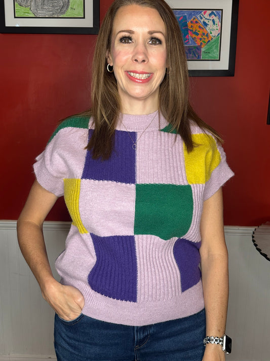 SO ME Mardi Gras Check Plaid Casual Sweater Top