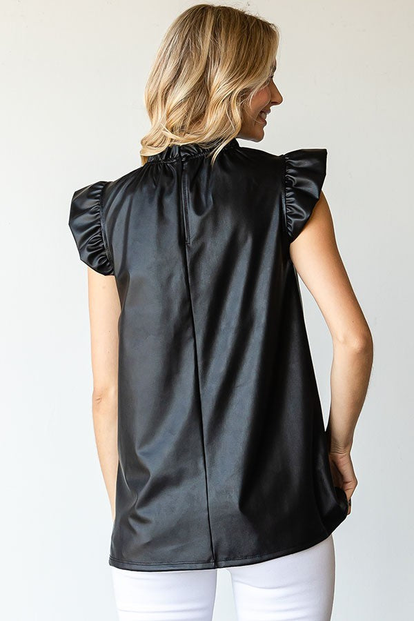 Faux Leather Ruffle Neck Flutter Sleeve Top image 3