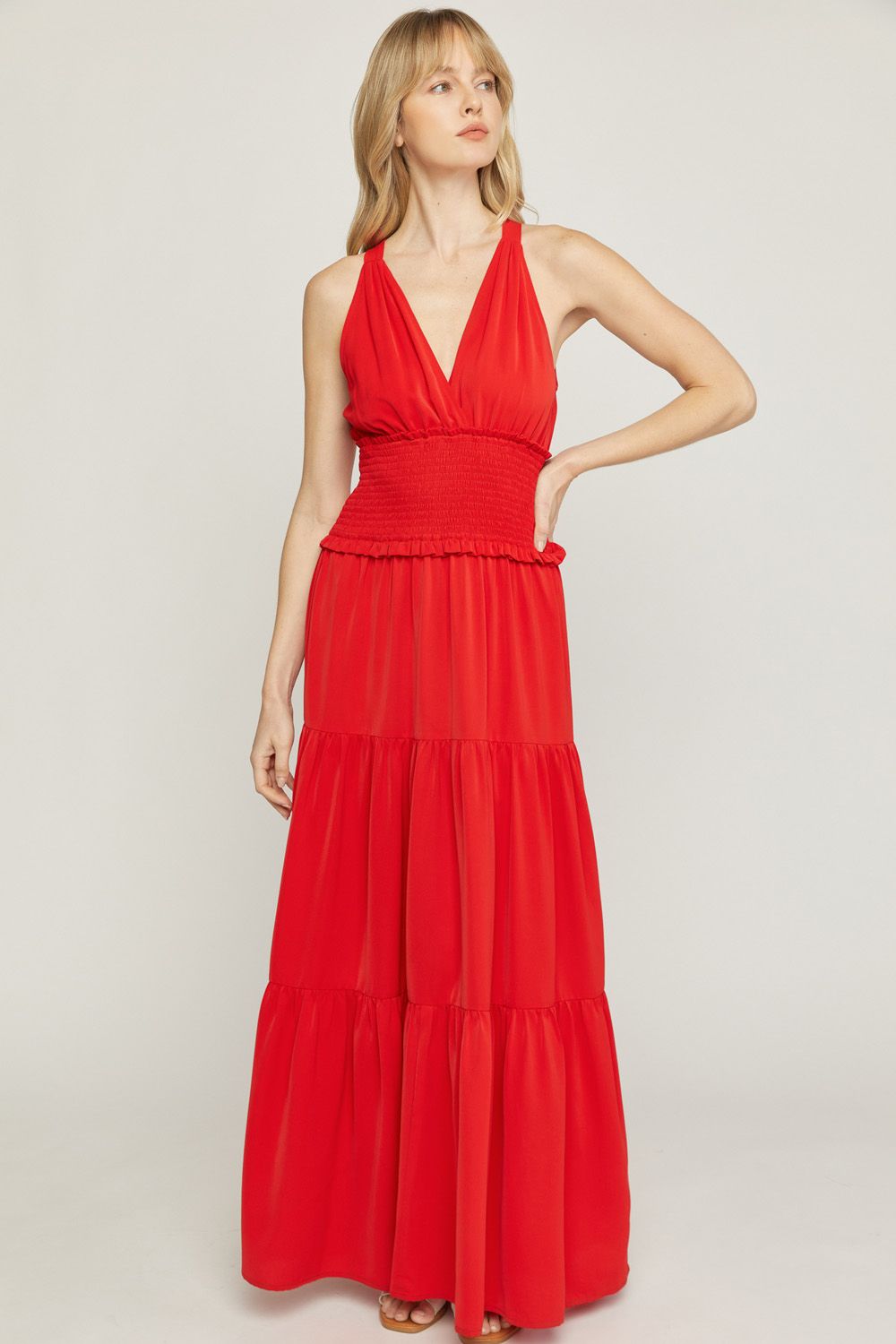 Red solid v-neck sleeveless tiered maxi dress image 0