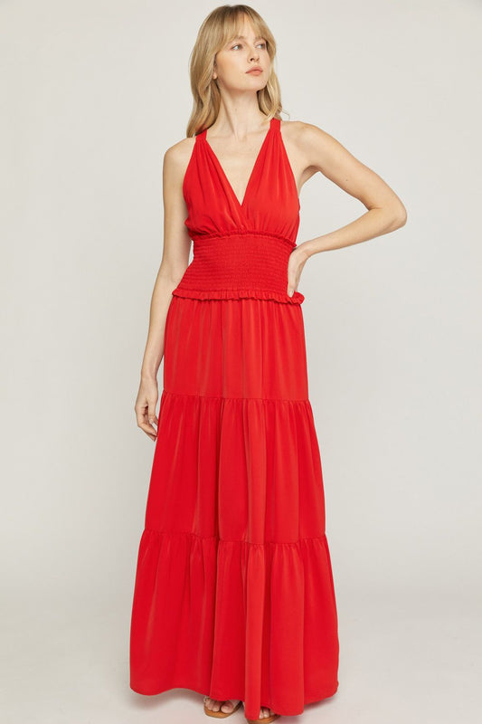 Red solid v-neck sleeveless tiered maxi dress image 0