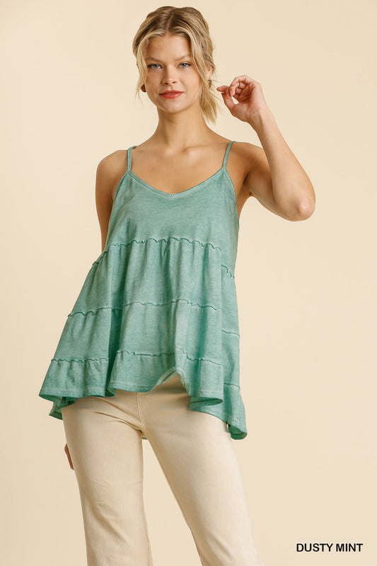 Garment Dye Adjustable Spaghetti Strap Ruffle Tiered Top image 0