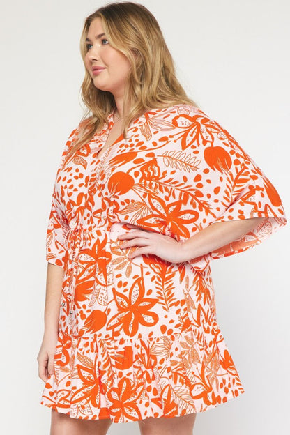 Orange Floral print v-neck 1/2 sleeve mini dress image 8