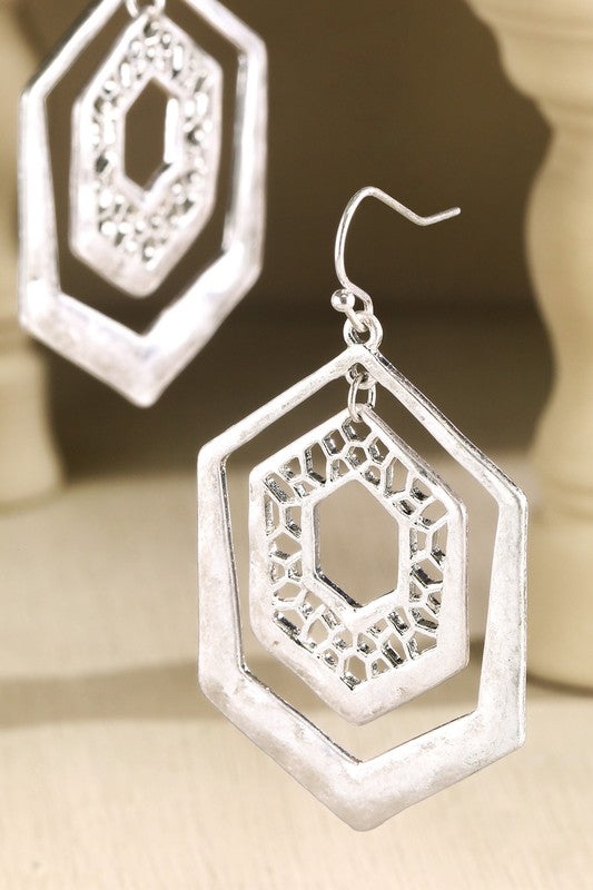 Silver hammered hexagon filigree earrings image 0