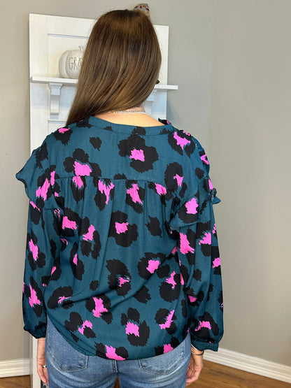 Leopard Print Split Neck Long Sleeve Blouse