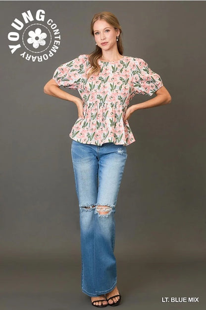 Floral Print Peplum Top with Back Ribbon Details image 3