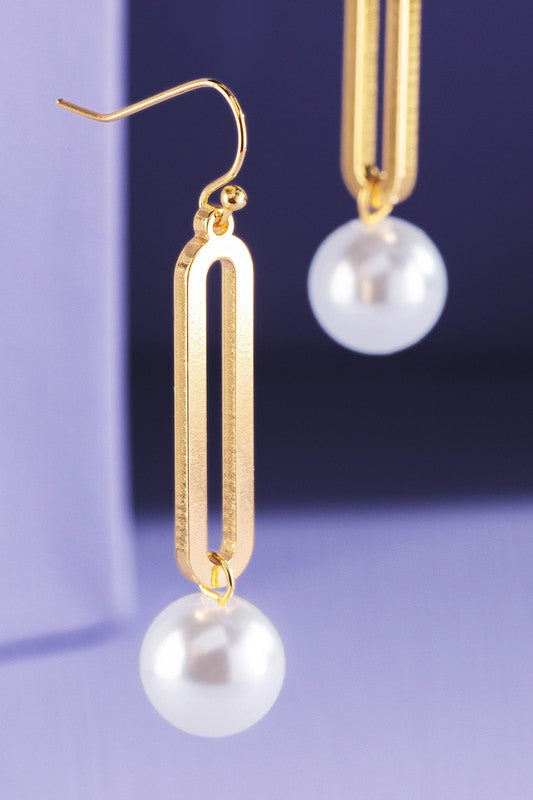 Gold pearl oval metal fishhook earrings image 0