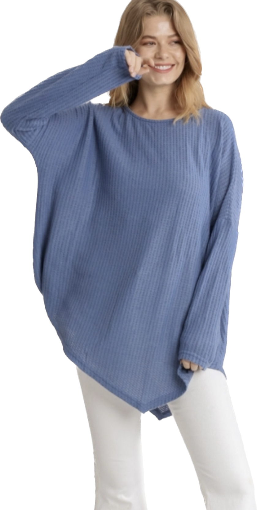 Blue Waffle Knit Long Sleeve Round Neck Top with Asymmetrical Hem image 3