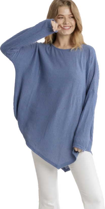 Blue Waffle Knit Long Sleeve Round Neck Top with Asymmetrical Hem image 3