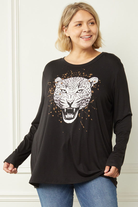 Black tiger print graphic scoop neck top image 0