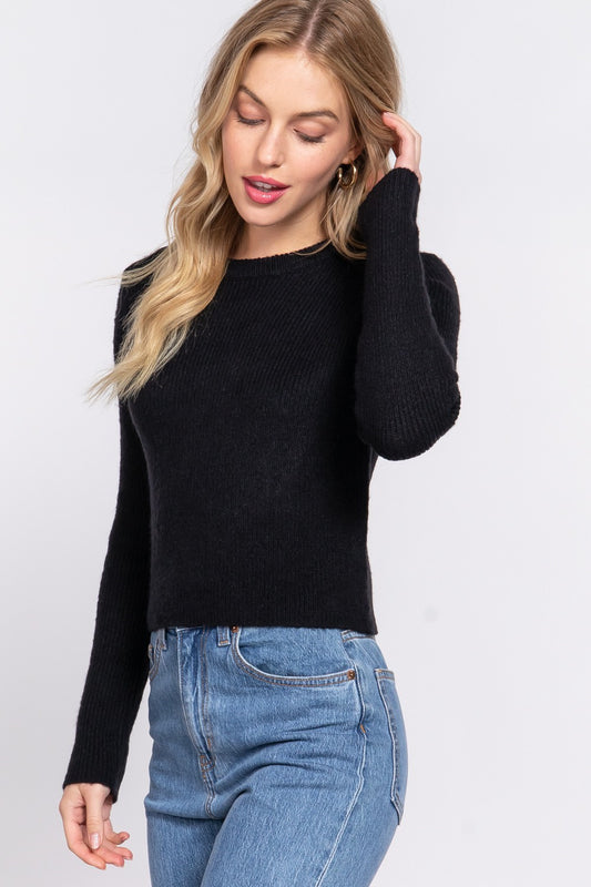 Long Sleeve Crew Neck Sweater Top - Black image 0