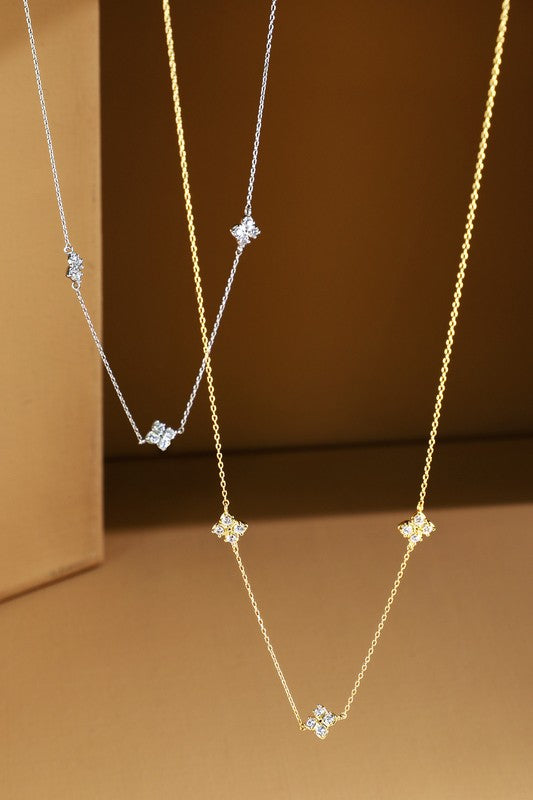 Silver brass pave clover station necklace image 1
