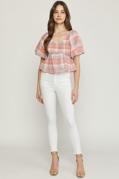 Peach plaid print v neck bubble sleeve peplum top image 4