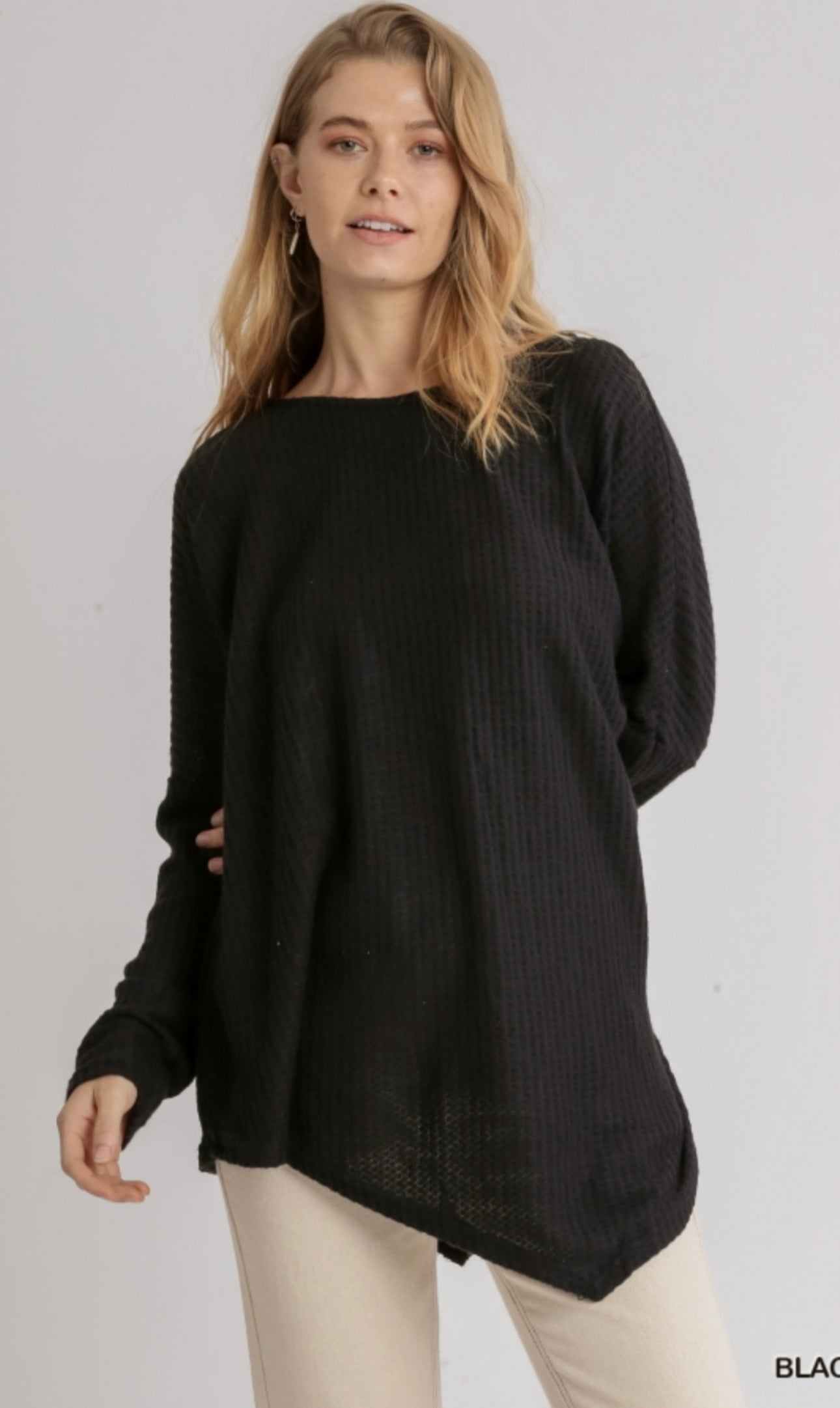 Black Waffle Knit Long Sleeve Round Neck Top with Asymmetrical Hem image 1