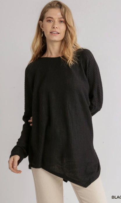 Black Waffle Knit Long Sleeve Round Neck Top with Asymmetrical Hem image 1