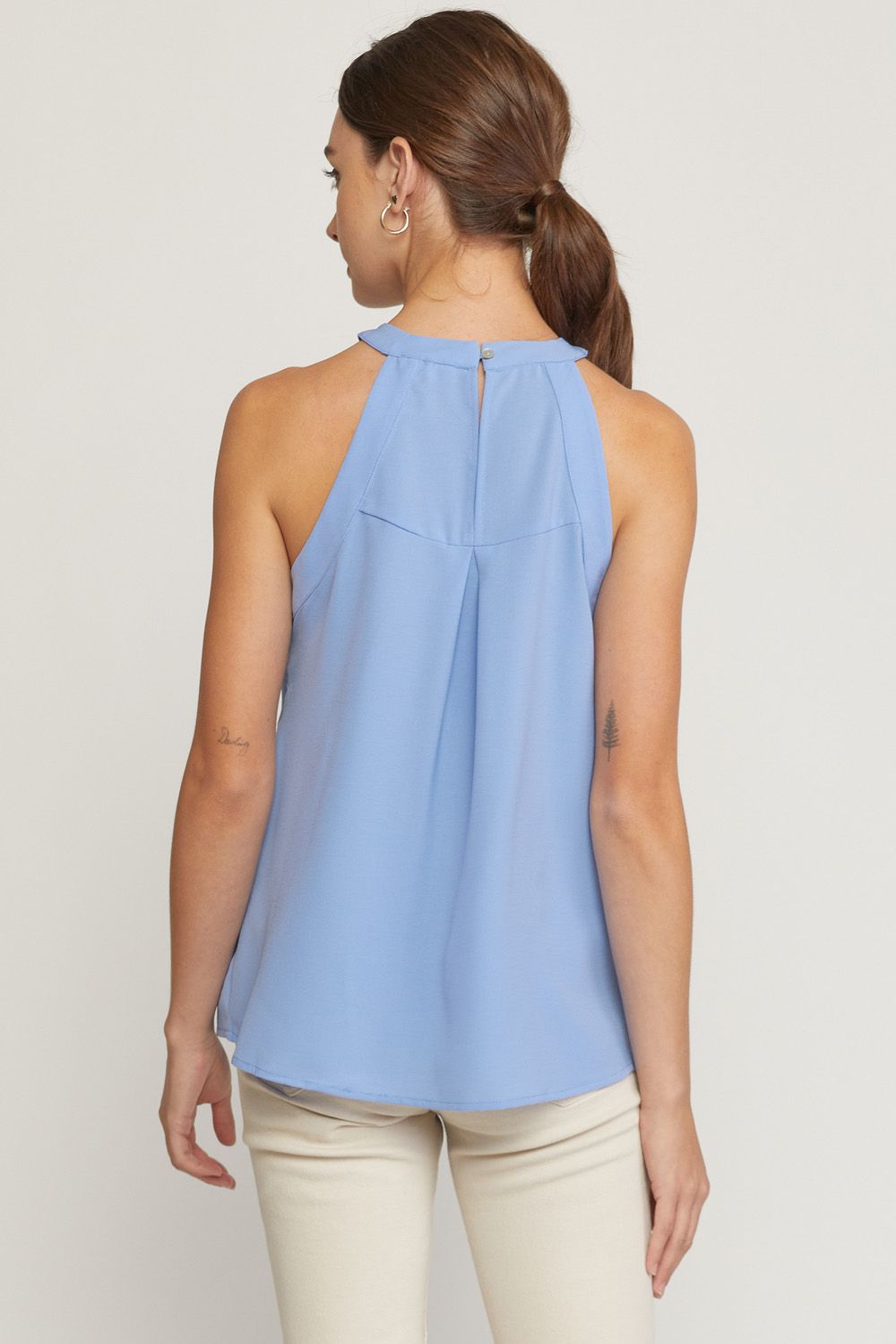 Periwinkle solid halter neck sleeveless top featuring crochet detail at front.  image 3