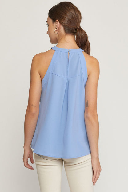 Periwinkle solid halter neck sleeveless top featuring crochet detail at front.  image 3