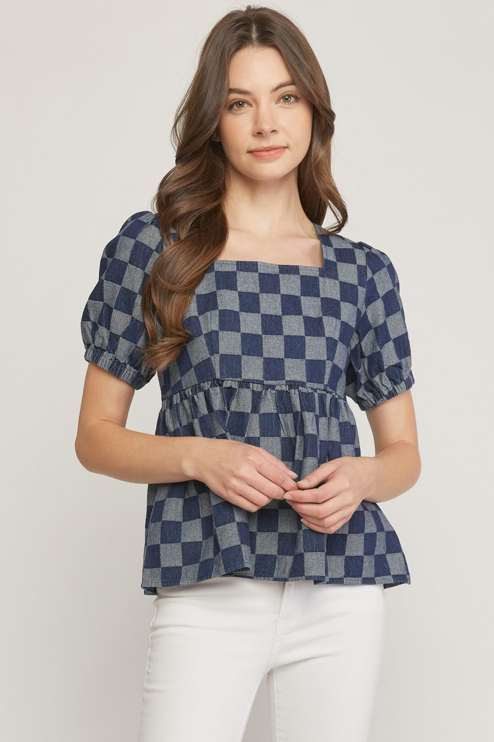 Checkered print denim square neck puff sleeve peplum top. image 0