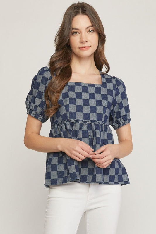 Checkered print denim square neck puff sleeve peplum top. image 0