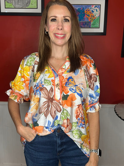 Umgee Watercolor Floral Print Top with High-Low Hem