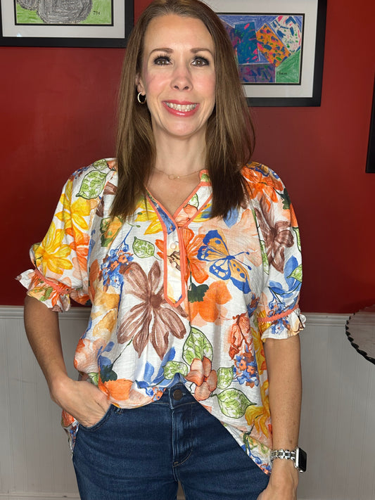 Umgee Watercolor Floral Print Top with High-Low Hem