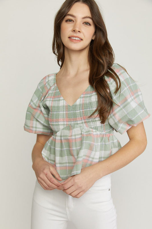 Sage plaid print v neck bubble sleeve peplum top image 0