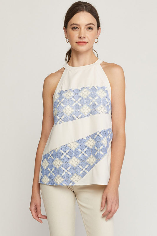 Solid halter neck sleeveless top featuring crochet detail at front. image 0