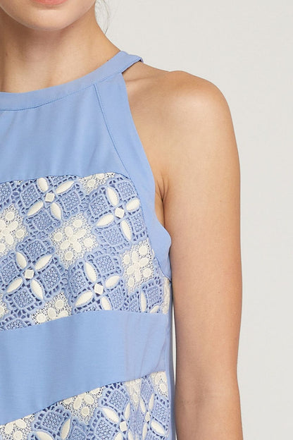 Periwinkle solid halter neck sleeveless top featuring crochet detail at front.  image 5