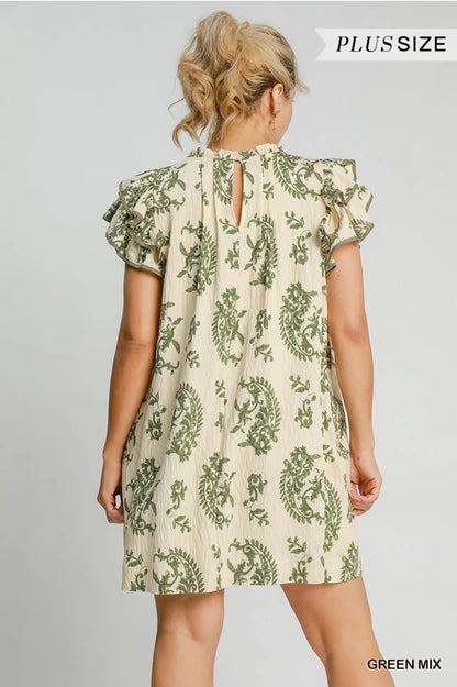 (W) Green Mix Paisley Print Tiered Mini Dress image 4