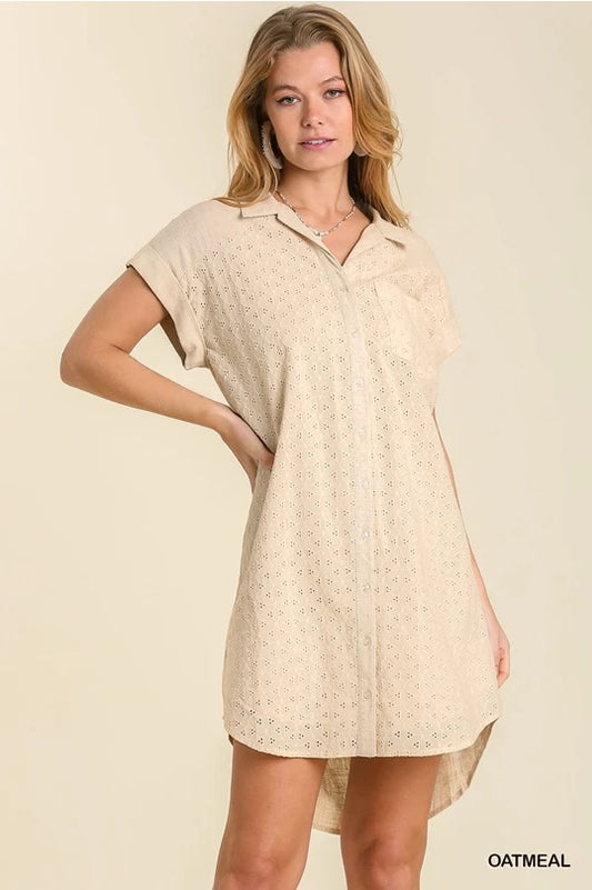 Linen Blend Eyelet Short Sleeve Collared Button Up Dress with High Low Hem Scoop image 0