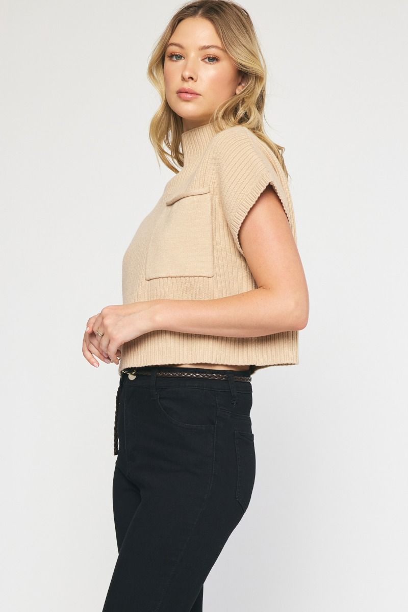 Solid knitted mock neck cropped top featuring single pocket detail. image 4