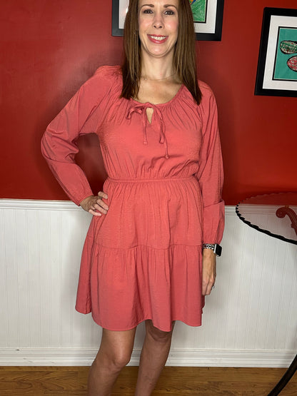 Salmon Tiered Dress 3/4 Sleeves