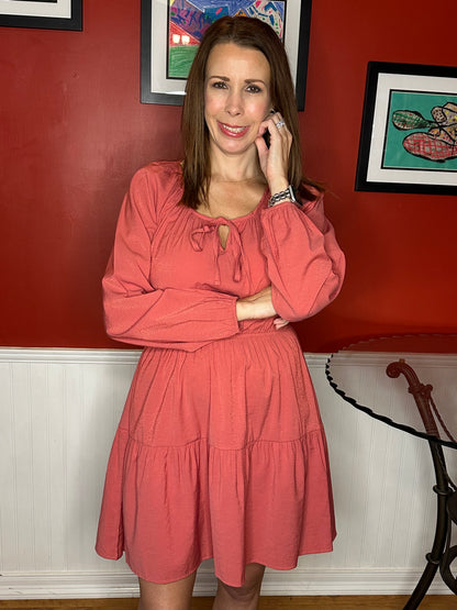 Salmon Tiered Dress 3/4 Sleeves
